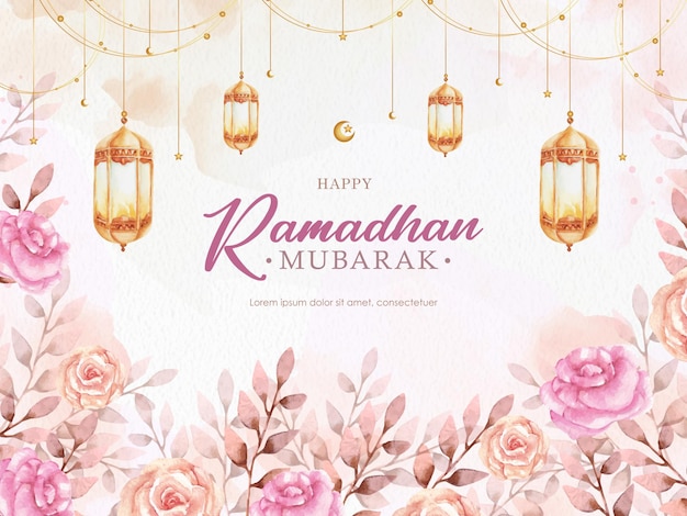 Gratis vector roze plons en bloemen op ramadhan mubarak wenskaart achtergrondelement