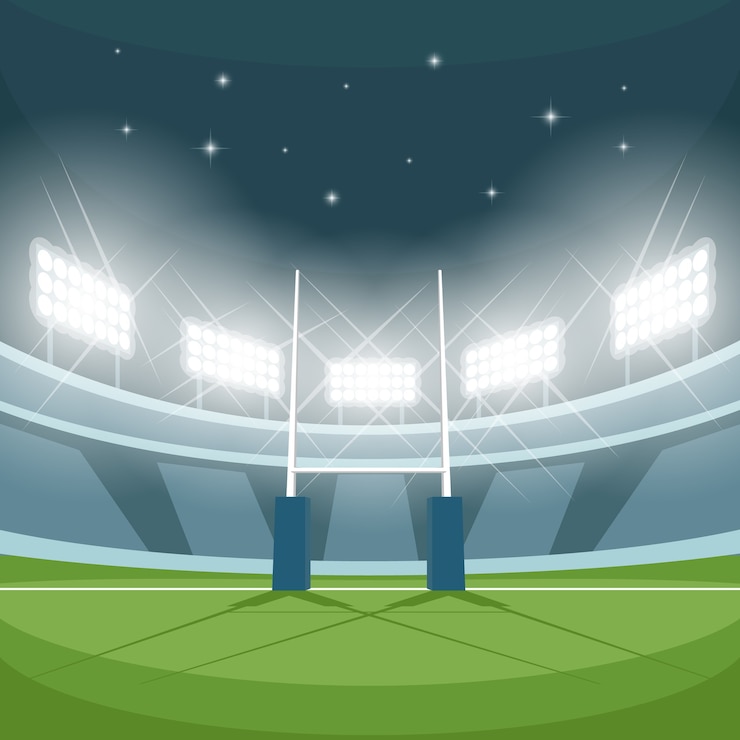 Gratis Vector rugbystadion met lichten 's nachts. nachtlampje, spel en doel, schijnwerper helder, schijnwerper en grond,