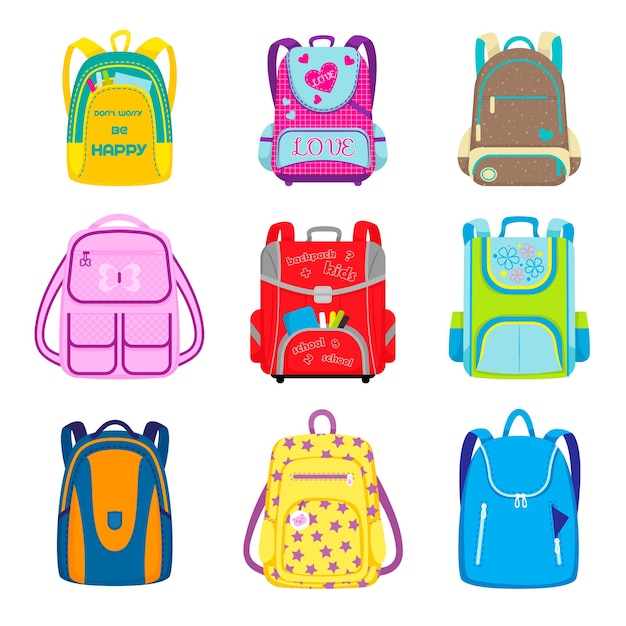 Gratis vector rugzakken basisschool. schooltassen voor kinderen met spullen in open zakken, kinderlijke tassen en rugzakken. cartoon afbeelding