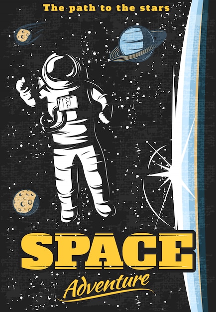 Ruimte avontuur poster met astronaut buiten orbitaal station en kosmische objecten op sterrenhemel