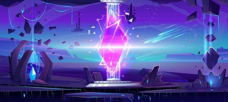Gratis Vector ruimtespelachtergrond met magisch portaal of digitaal hologram fantasieplaneetlandschap met futuristisch podium met neonlicht en hologram vectorbeeldverhaalillustratie