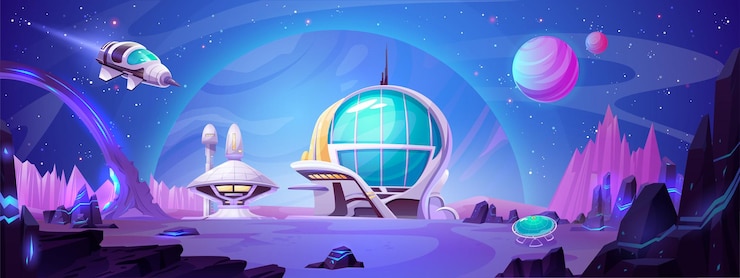 Gratis Vector ruimtestation voortbouwend op planeet vector landschap