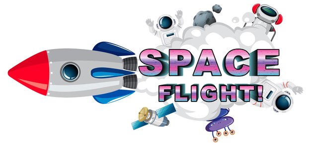 Ruimtevlucht woord logo-ontwerp met ruimteschip