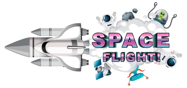 Ruimtevlucht woord logo-ontwerp met ruimteschip