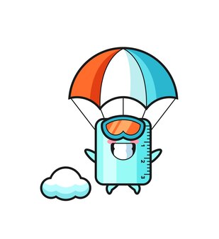 Ruller mascotte cartoon is parachutespringen met gelukkig gebaar, schattig stijlontwerp voor t-shirt, sticker, logo-element