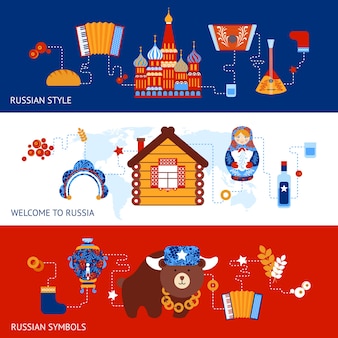 Rusland reisstijl symbolen banner set met traditionele nationale elementen pictogrammen set vector illustratie