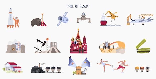 Gratis vector rusland symbool plat set met geïsoleerde composities van olie gas fabrieken bezienswaardigheden raketten en menselijke karakters vector illustratie