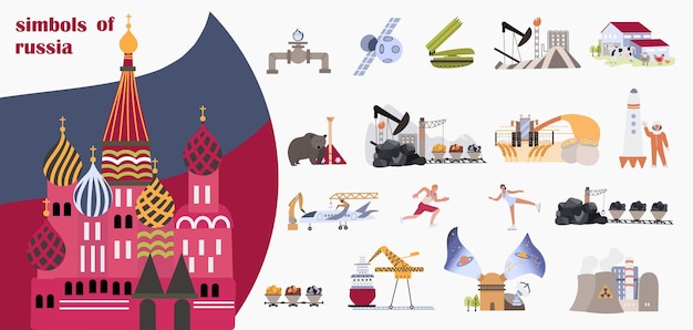 Gratis vector rusland symbool set van geïsoleerde composities met platte geïsoleerde iconen van verhalen sporters olie boortorens bezienswaardigheden vector illustratie