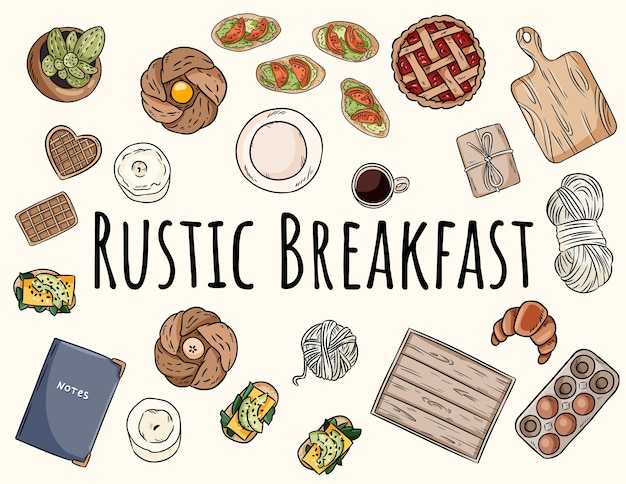 Rustieke ontbijtset. decoratieve doodles set. verzameling van schattige huis- en voedselgerelateerde cartoonstijloverzichtsobjecten. handgetekende vintage vectorvoorraadontwerpen