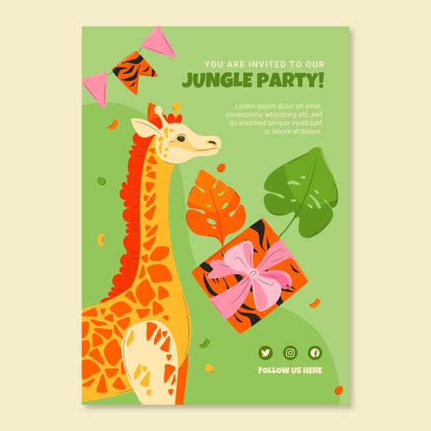 Gratis vector safari-feest met uitnodigingssjabloon voor wilde dieren