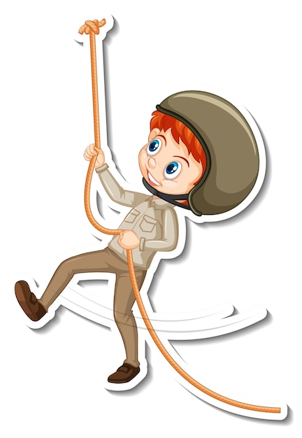 Gratis vector safari jongen opknoping op touw stripfiguur sticker