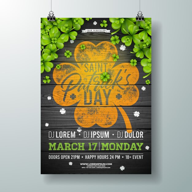 Saint Patricks Day Celebration Party Flyer illustratie met klaver en typografie brief op Vintage houten achtergrond.