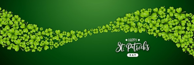 Saint Patricks Day-illustratie met vliegende klaverbladeren en typografiebrief op groene achtergrond