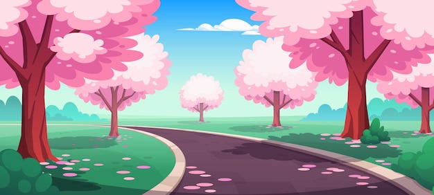 Gratis vector sakura bloesem park weg lente illustratie kersenboom bloem cartoon vector natuur landschap achtergrond met lucht en weide oosterse japanse dorpsomgeving met liggende bloemblaadjes scène banner