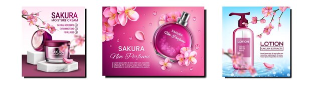 Sakura Natural Cosmetics Promo Posters instellen Vector