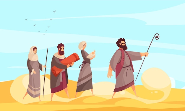 Gratis vector samenstelling van bijbelverhalen met woestijnlandschap en karakter van mozes die mensen de weg leidt door zandillustratie
