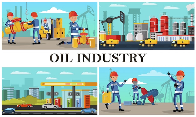 Gratis vector samenstelling van de platte olie-industrie met industriële arbeiders die verschillende acties uitvoeren op petrochemische vrachtwagens en benzinestations in de stad