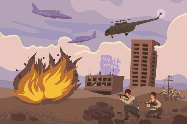 Samenstelling van militaire acties met militaire aanval of offensieve explosies en helikopters