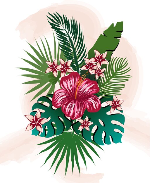 Samenstelling van tropische bloemen en bladeren. Hibiscus, frangipani, palm en monstera