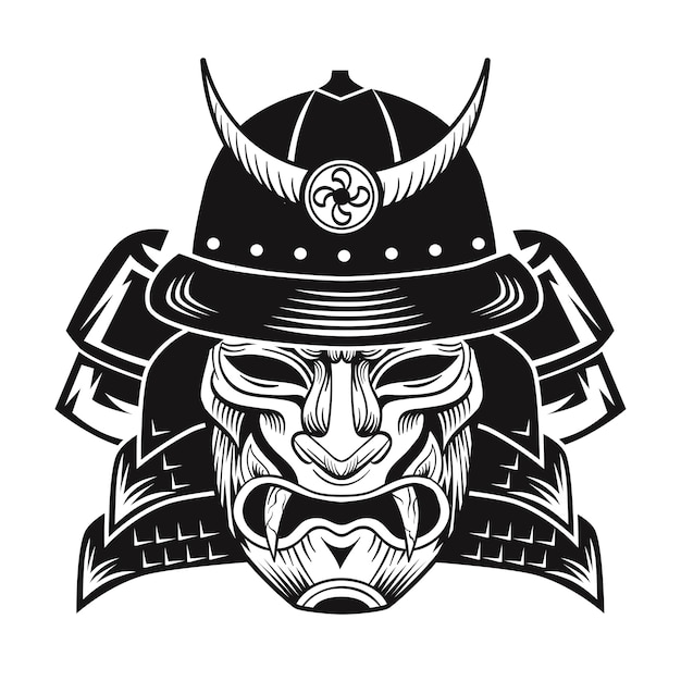 Samurai met zwart masker. Japans vechter plat beeld. Vintage vector illustratie