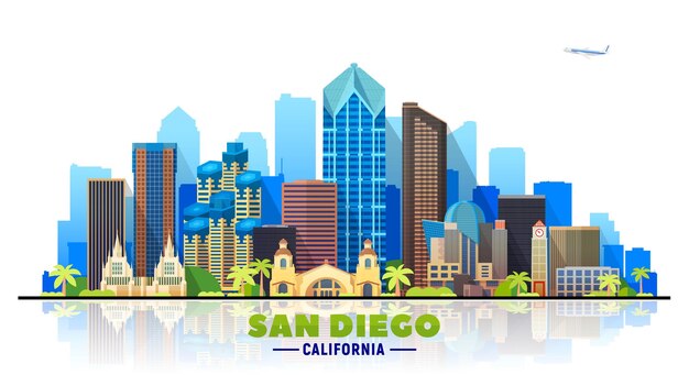 San Diego, Californië, Verenigde Staten, skyline, vector, achtergrond, platte, vector, illustration