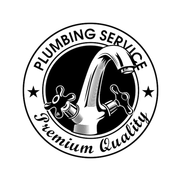 Sanitair service stempel vectorillustratie. Kraan en premium kwaliteitstekst met sterren. Sanitair concept logo