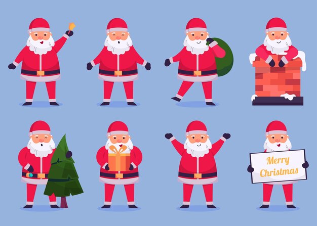 Santa Claus-personages in verschillende poses en scènes. Merry Christmas knipsel element Kerstkaarten, uitnodigingen en website viering decoratie. vector illustratie