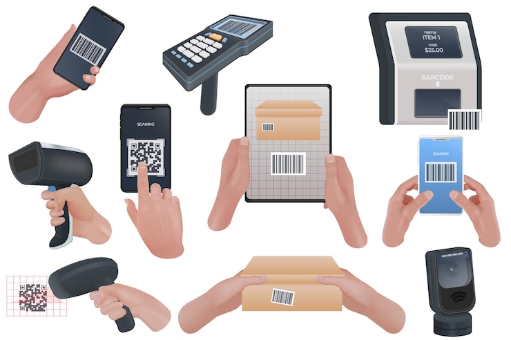 Gratis Vector scan codes set van realistische iconen met geïsoleerde menselijke handen met scanners tags en kartonnen dozen vector illustratie