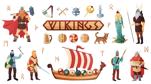 Gratis vector scandinavische vikingen cultuur wapen pantser kostuum oorlogsschip mensen gebruiksvoorwerpen gedomesticeerde kat belettering plat pictogrammen instellen vectorillustratie