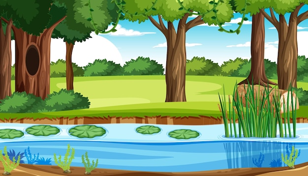 Gratis vector scène met bomen en rivier in bos