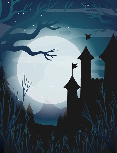 Scène met kasteelbos silhouet en volle maan