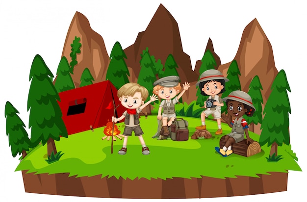 Gratis vector scène met kinderen kamperen in het bos