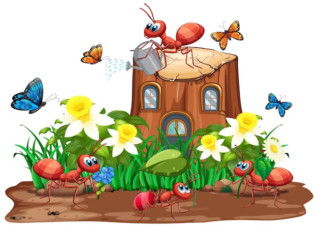 Scène met mieren en vlinders in de tuin
