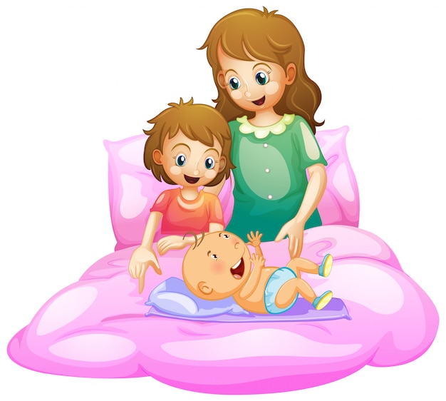 Scène met moeder en kinderen in bed