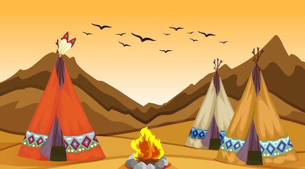 Gratis vector scène met tipi en kampvuur