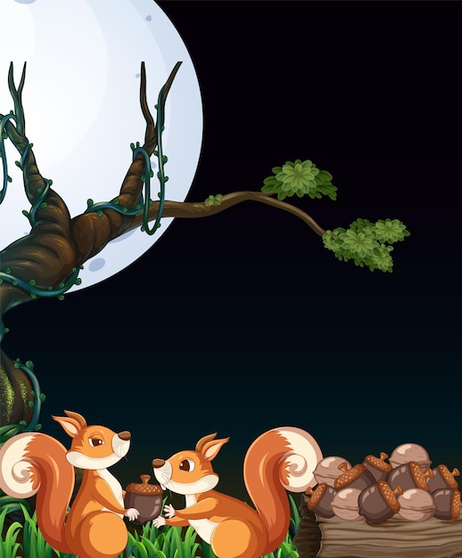 Gratis vector scène met twee eekhoorns die 's nachts noten verzamelen
