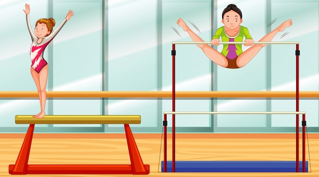 Gratis vector scène met twee meisjes gymnastiek in de kamer doen