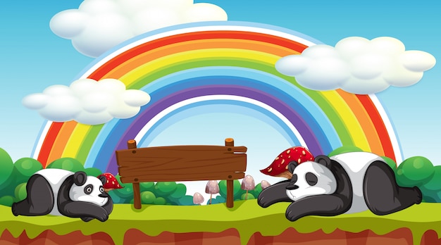 Scène met twee panda's en houten bord