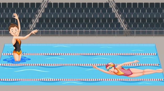 Gratis vector scène met twee zwemmers in het zwembad