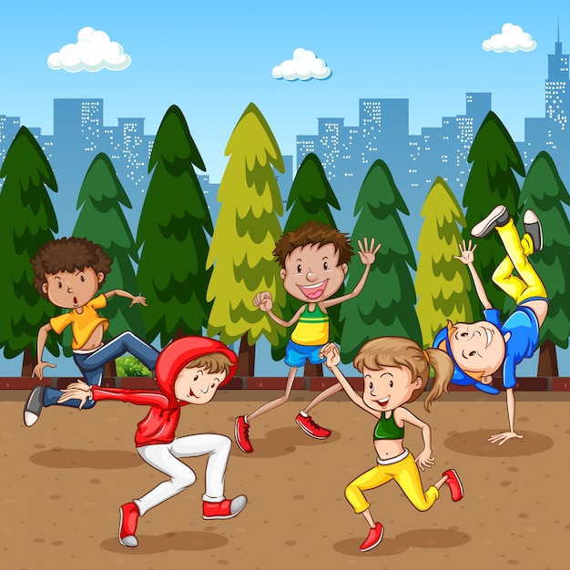 Gratis vector scène met veel kinderen die dansen in het park