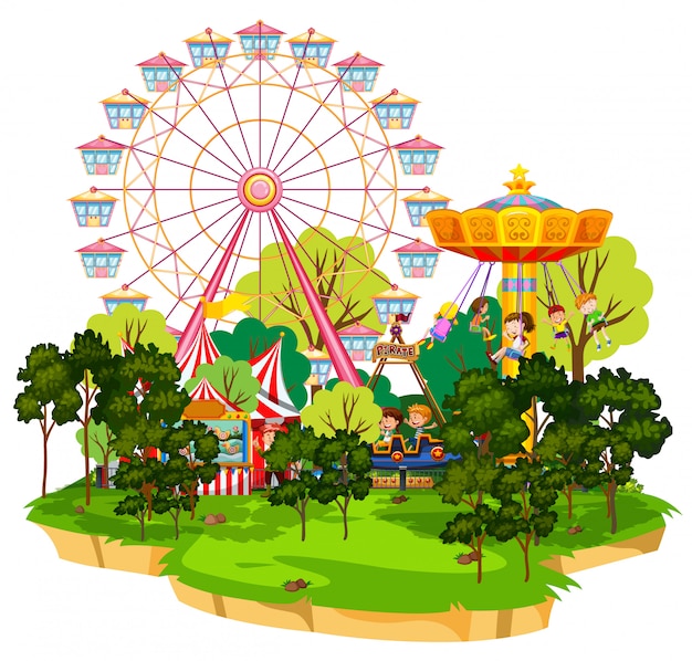 Gratis vector scène met vele attracties in het funpark op witte achtergrond