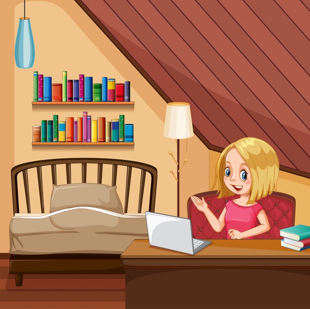 Scène met vrouw die aan computer in de slaapkamer werkt