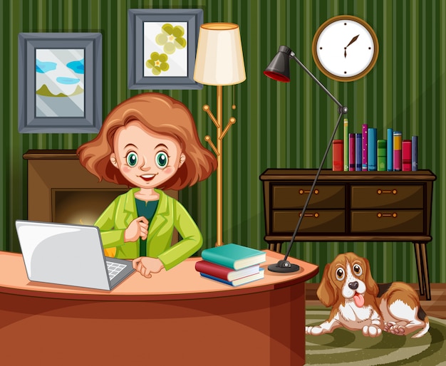 Scène met vrouw die op computer thuis werkt