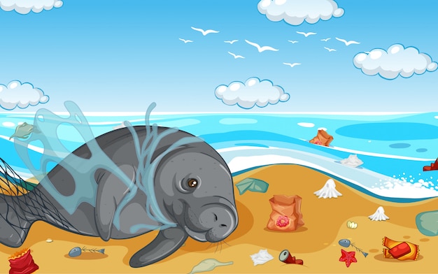 Gratis vector scène met zeekoe en plastic zakken op het strand