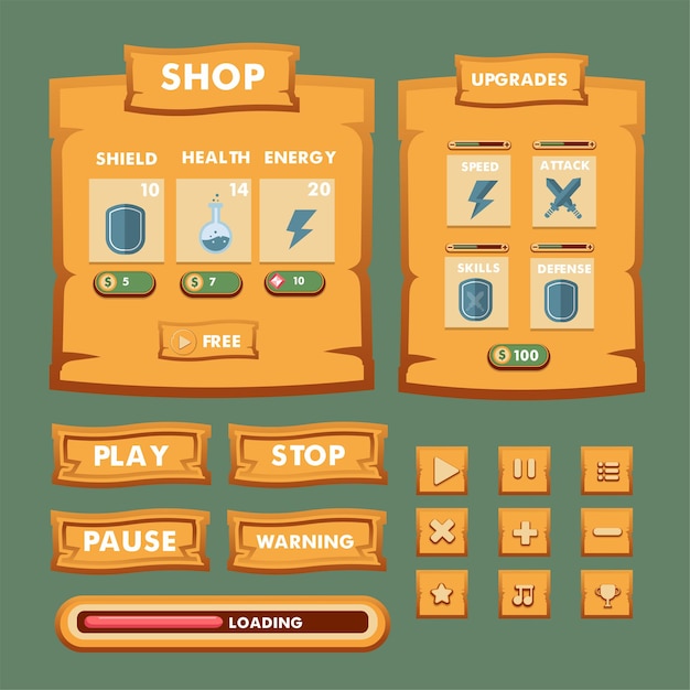Scène van het spelmenu voor de status van geldkracht en verzamelobjecten het kan worden gebruikt voor alle soorten games, zoals avontuurlijke race-rpg-schietgames en andere soorten games
