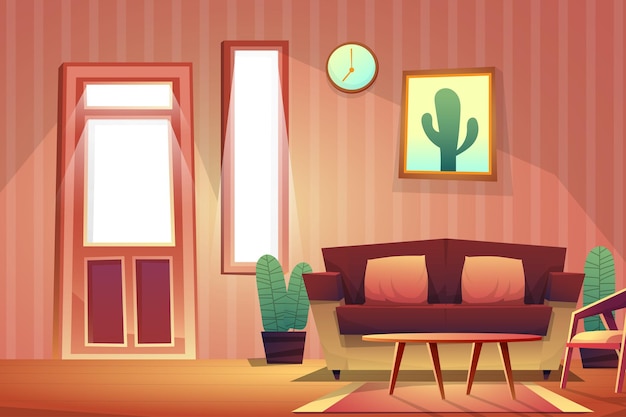 Gratis vector scène van ingericht in woonkamer met bank en stoel, klok met fotolijst aan de muur