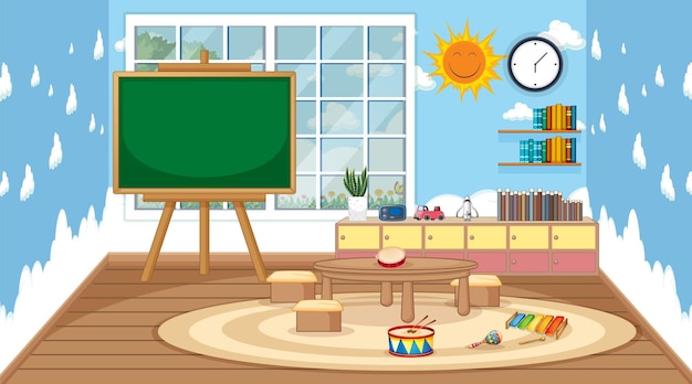 Gratis vector scène van klaslokaal met bord en tafel