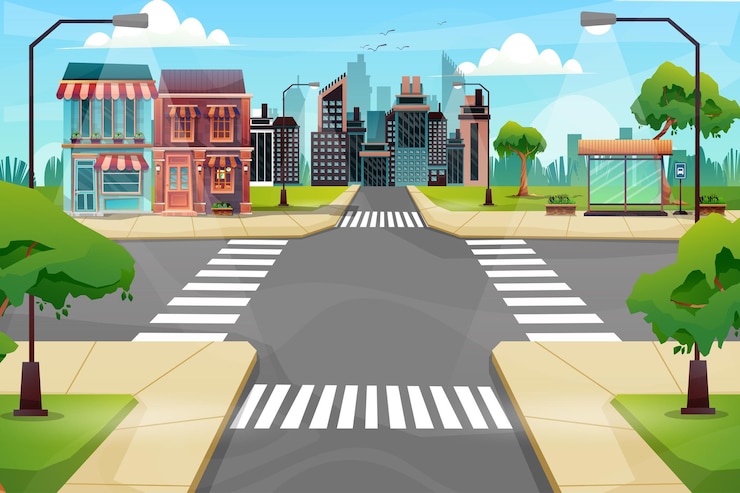 Gratis Vector scène van prachtig stadsbeeld met hoog gebouw, winkel en straat met park