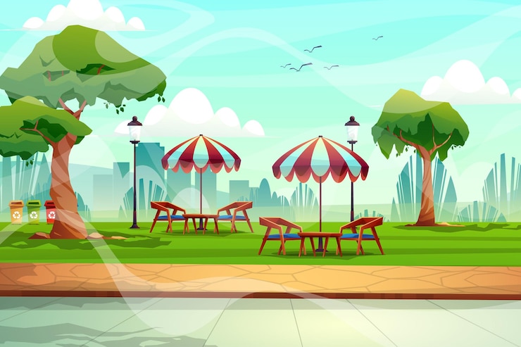 Gratis Vector scène van stoel met salontafel en paraplu in de buurt van groen gazon in natuurpark