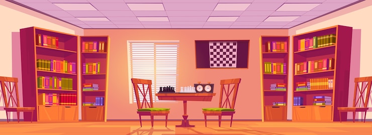 Gratis Vector schaakclub interieur met bord, stukken en klok op tafel, stoelen en boekenkasten met boeken